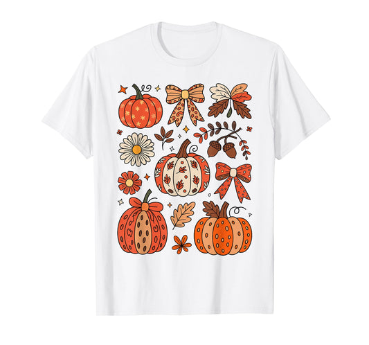 Fall Boho Floral Pumpkin Coquette Bow Thanksgiving Vintage T-Shirt