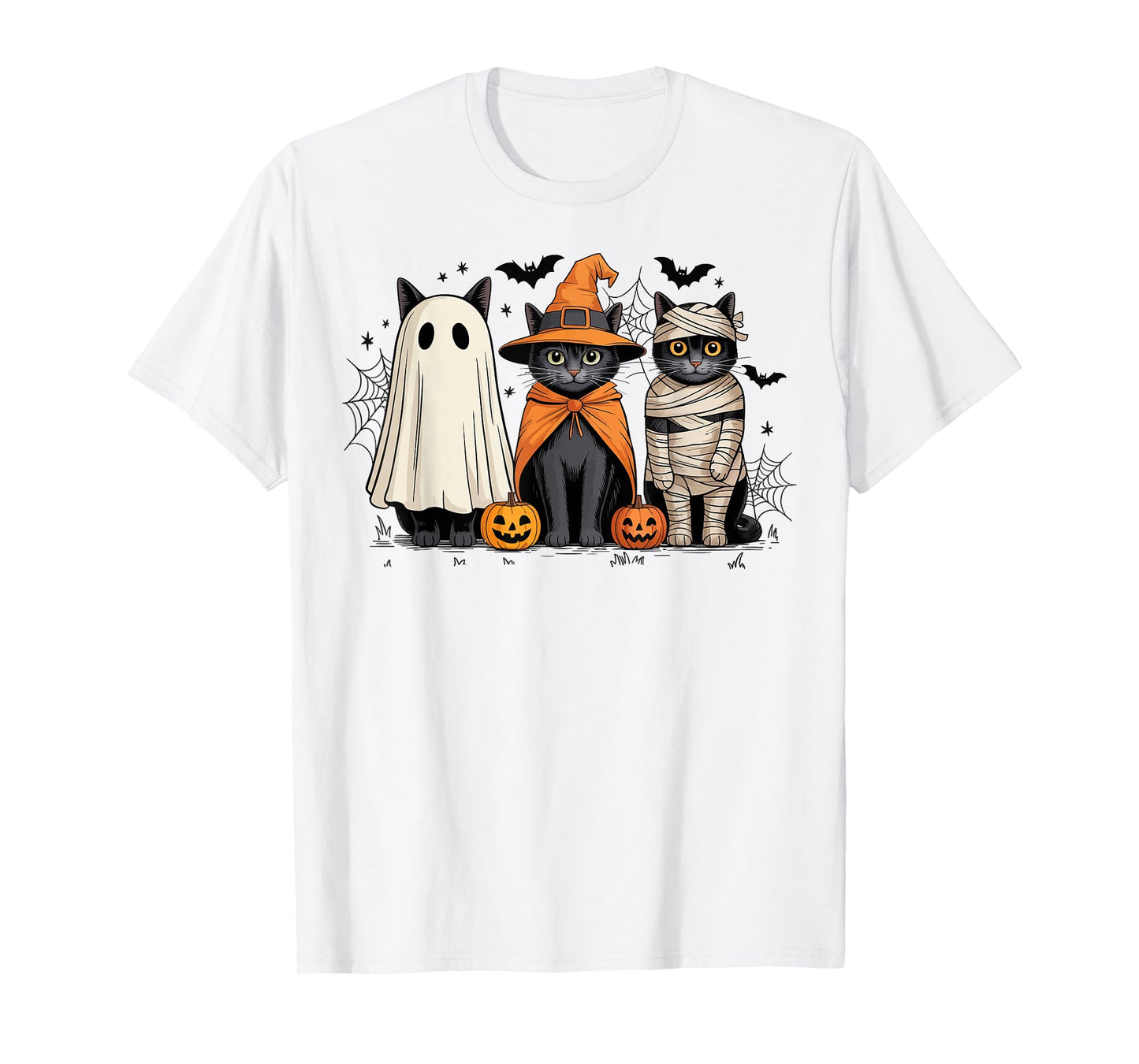 Retro Three Black Cats Witch Pumpkin Scary Halloween Costume T-Shirt