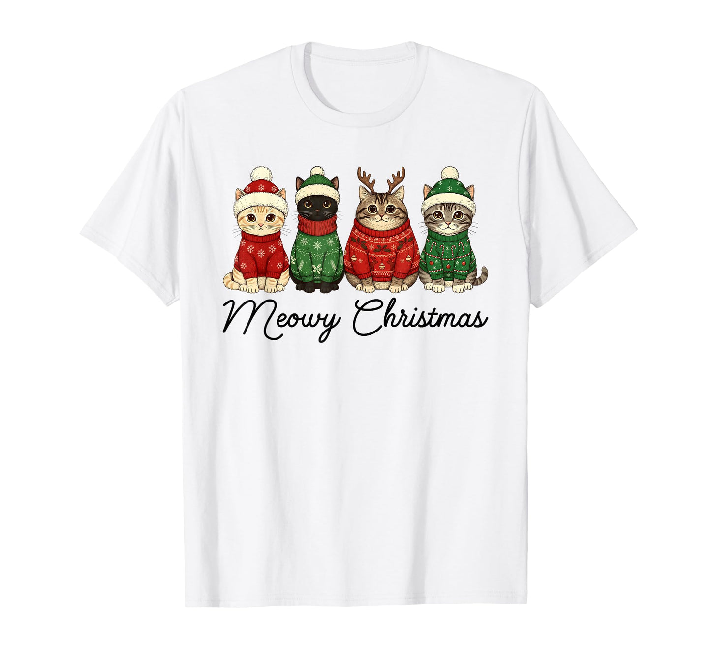 Meowy Christmas Cats Santa Hat Cat Reindeer Family Pajamas T-Shirt