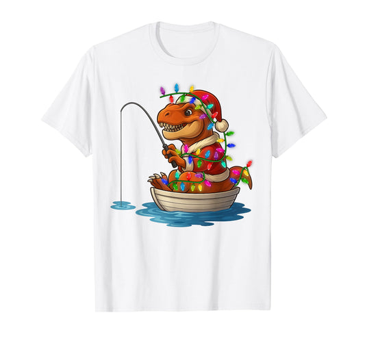 Dinosaur T-Rex Santa Fisherman Christmas Fishing Lovers T-Shirt