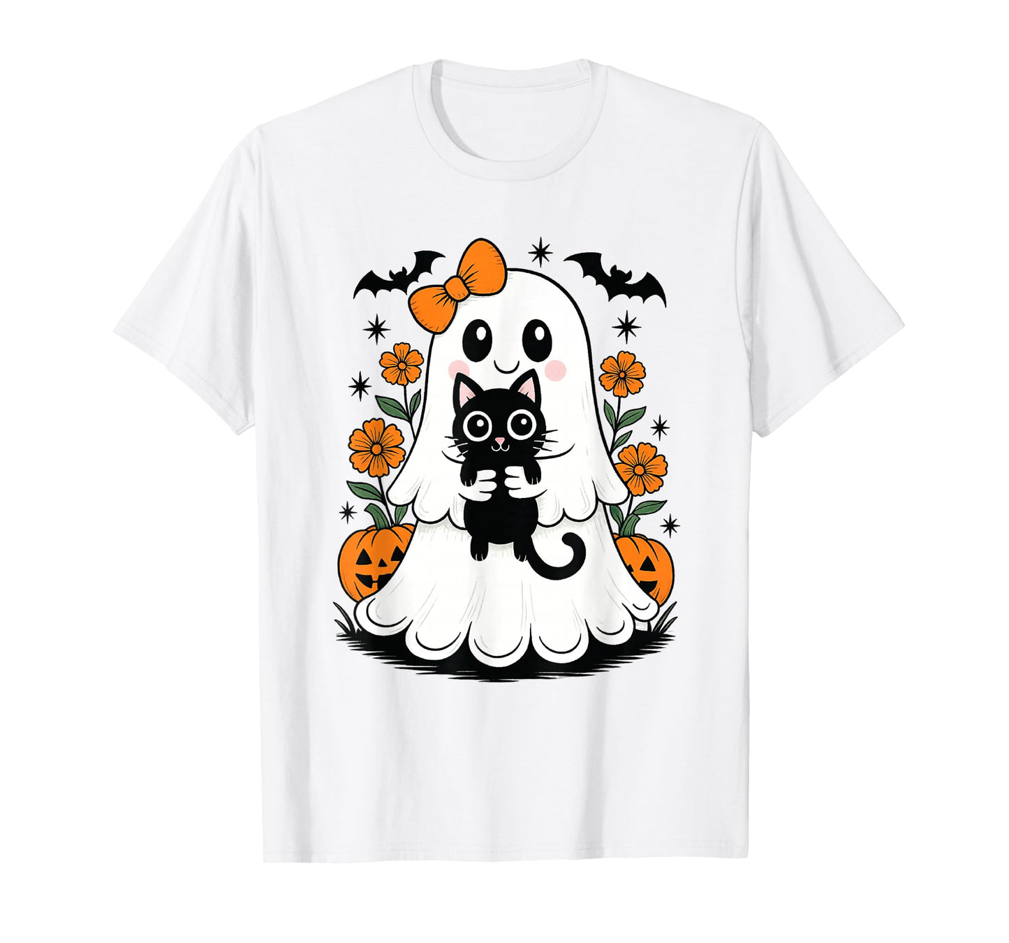 Vintage Halloween Ghost Holding Black Cat Groovy Floral T-Shirt