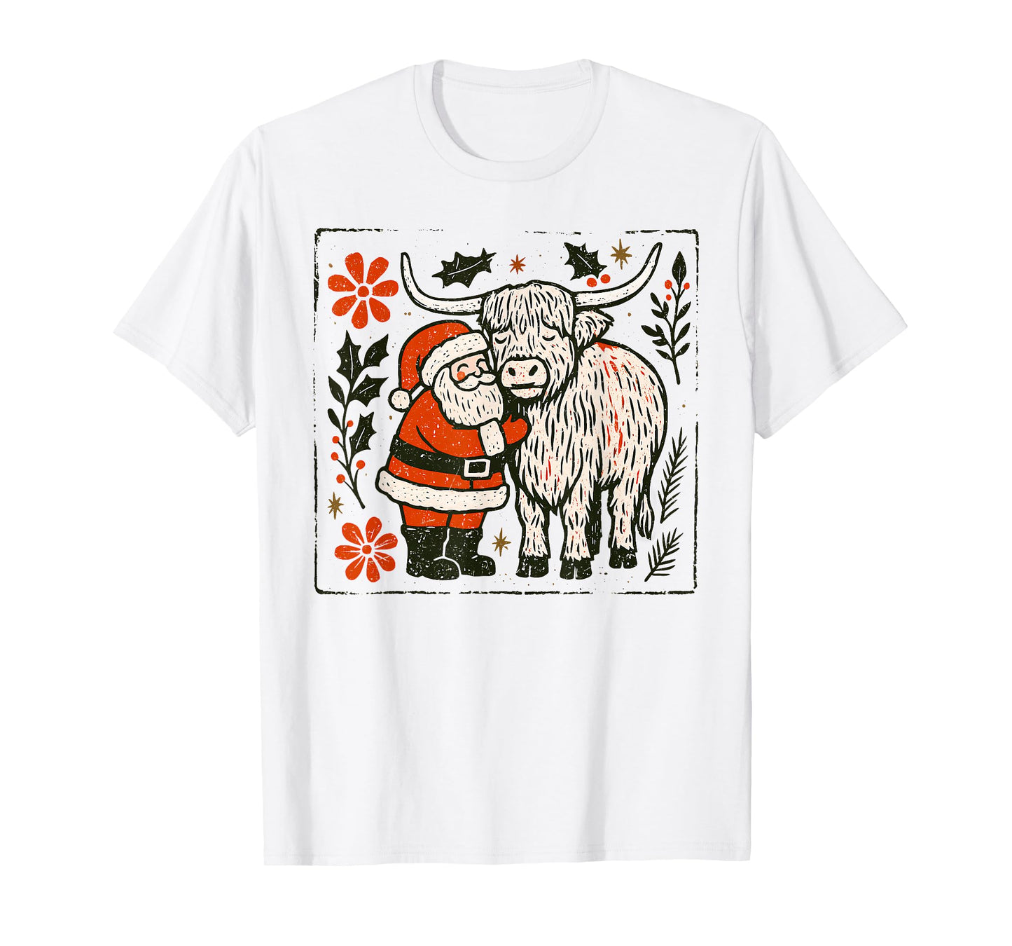 Vintage Highland Cow Santa Christmas Cowgirl Boho Floral T-Shirt