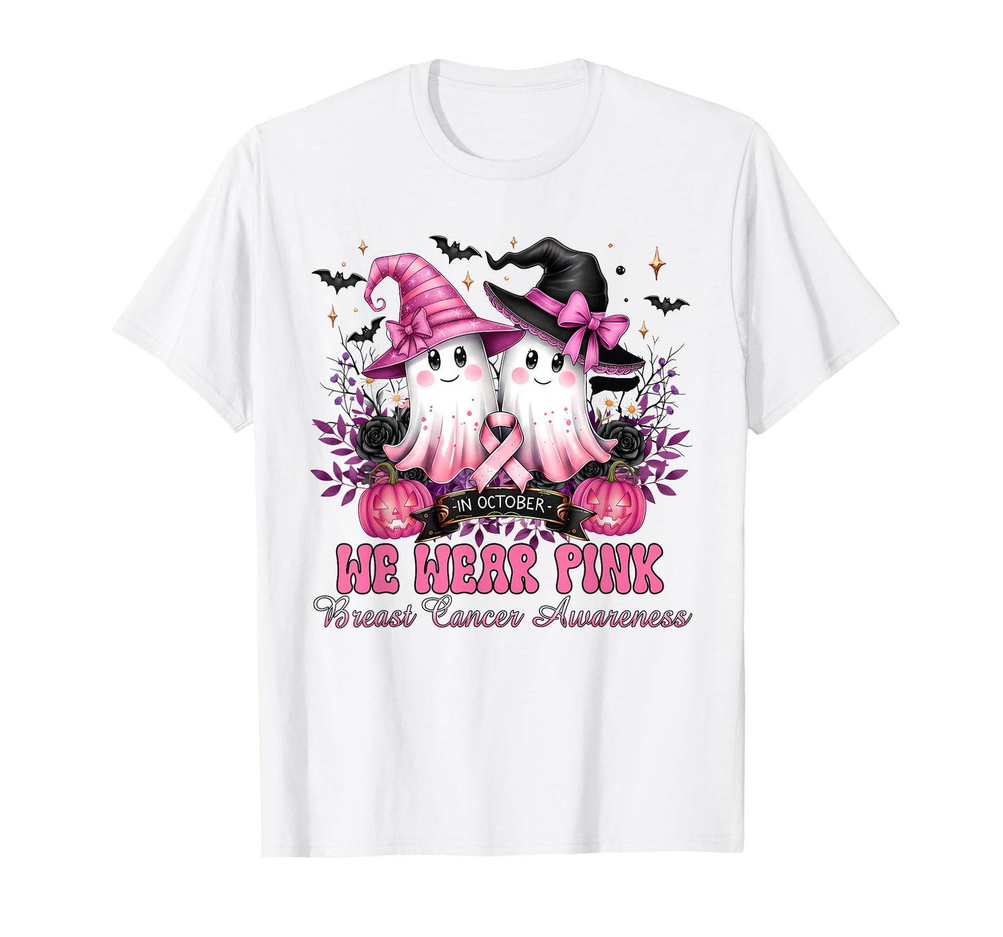 in October We Wear Pink Ghost Witch Breast Cancer Awareness T-Shirt