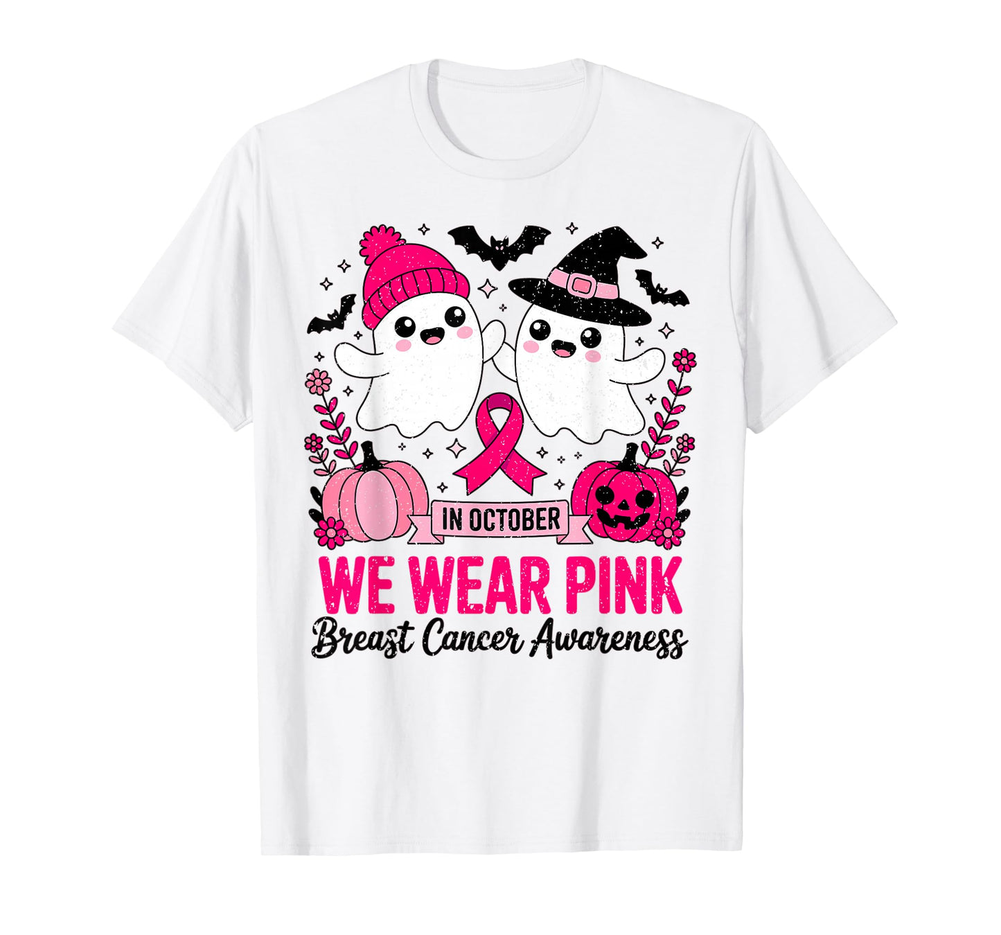 in October We Wear Pink Ghost Witch Breast Cancer Awareness T-Shirt