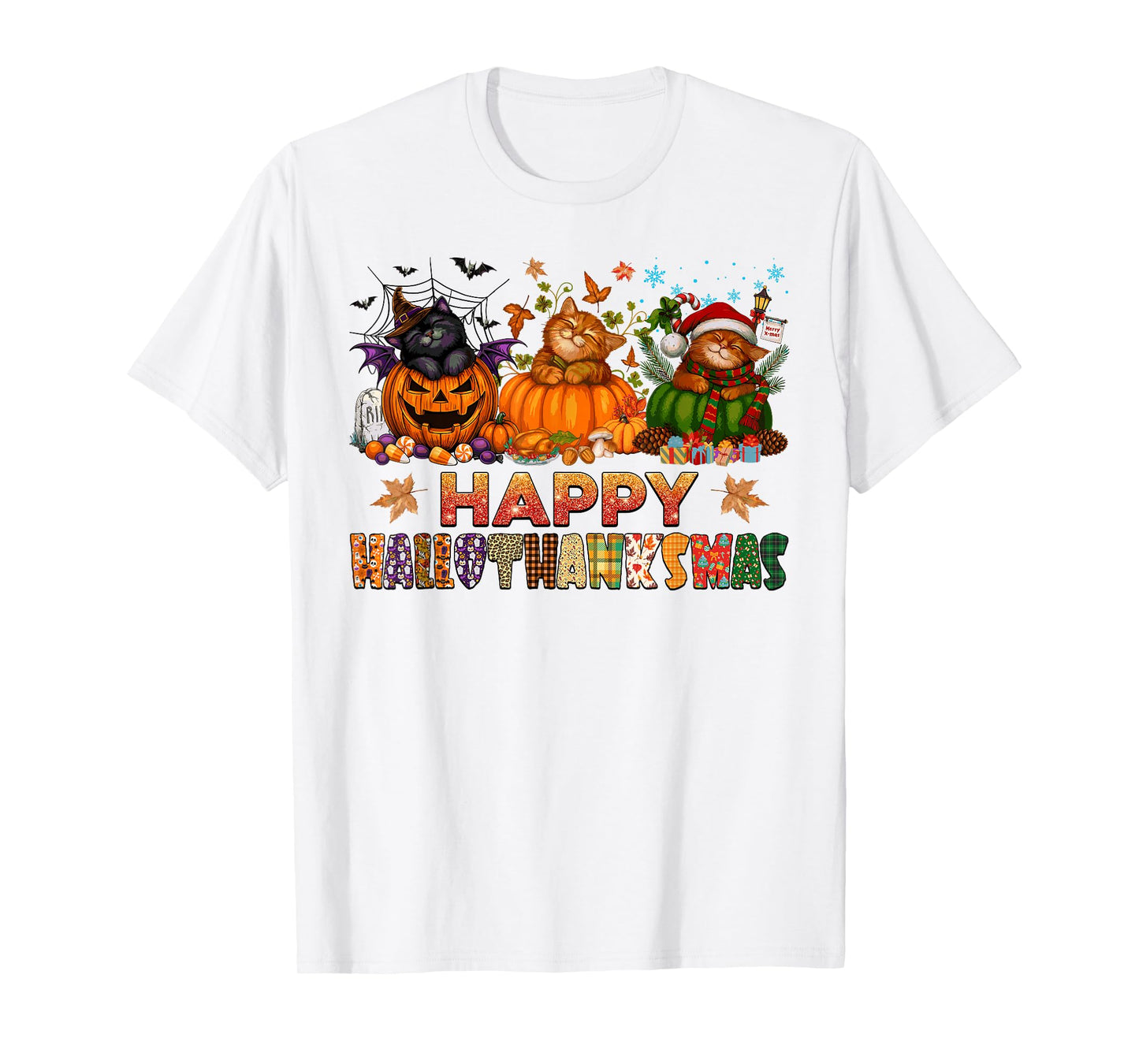 Happy Hallothanksmas Cats Halloween Thanksgiving Christmas T-Shirt