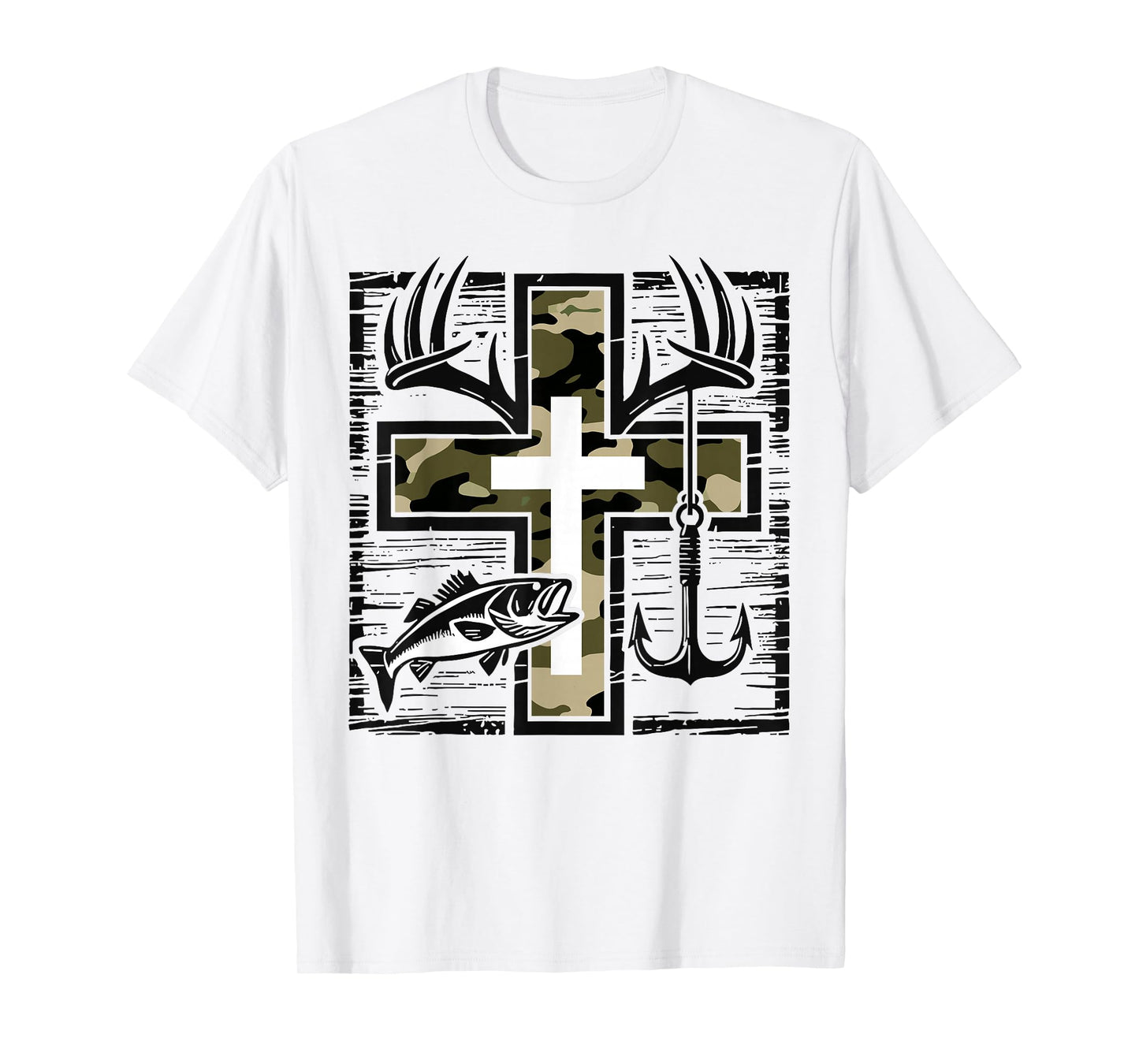 Faith Fishing Hunting Camo Cross with Hook Bass Christian T-Shirt