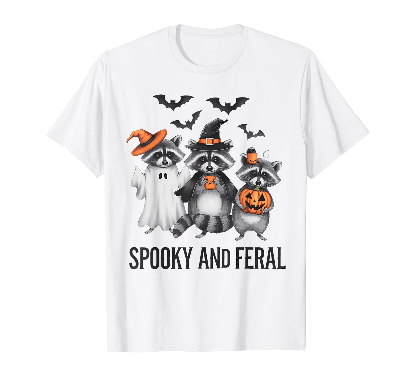 Funny Raccoon Halloween Spooky and Feral Ghost Witch Pumpkin T-Shirt