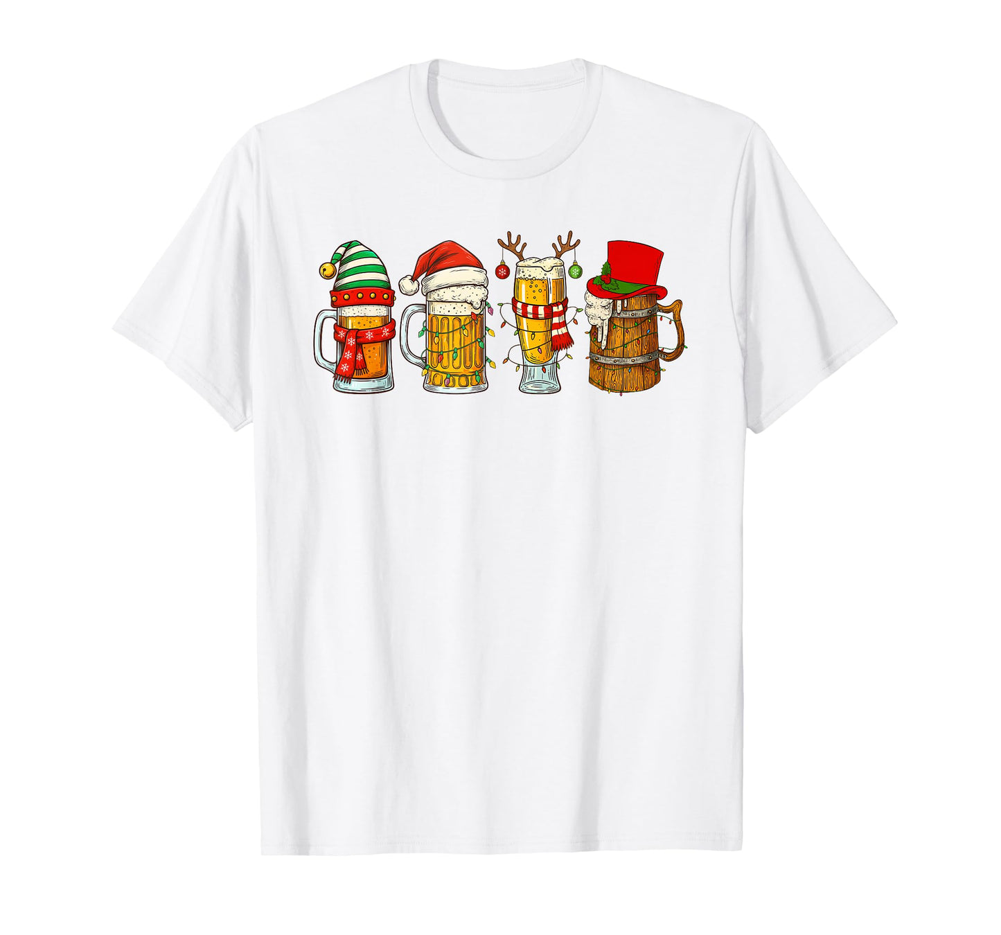 Christmas Beer Mugs Santa Reinbeer Lights Funny Drinking T-Shirt