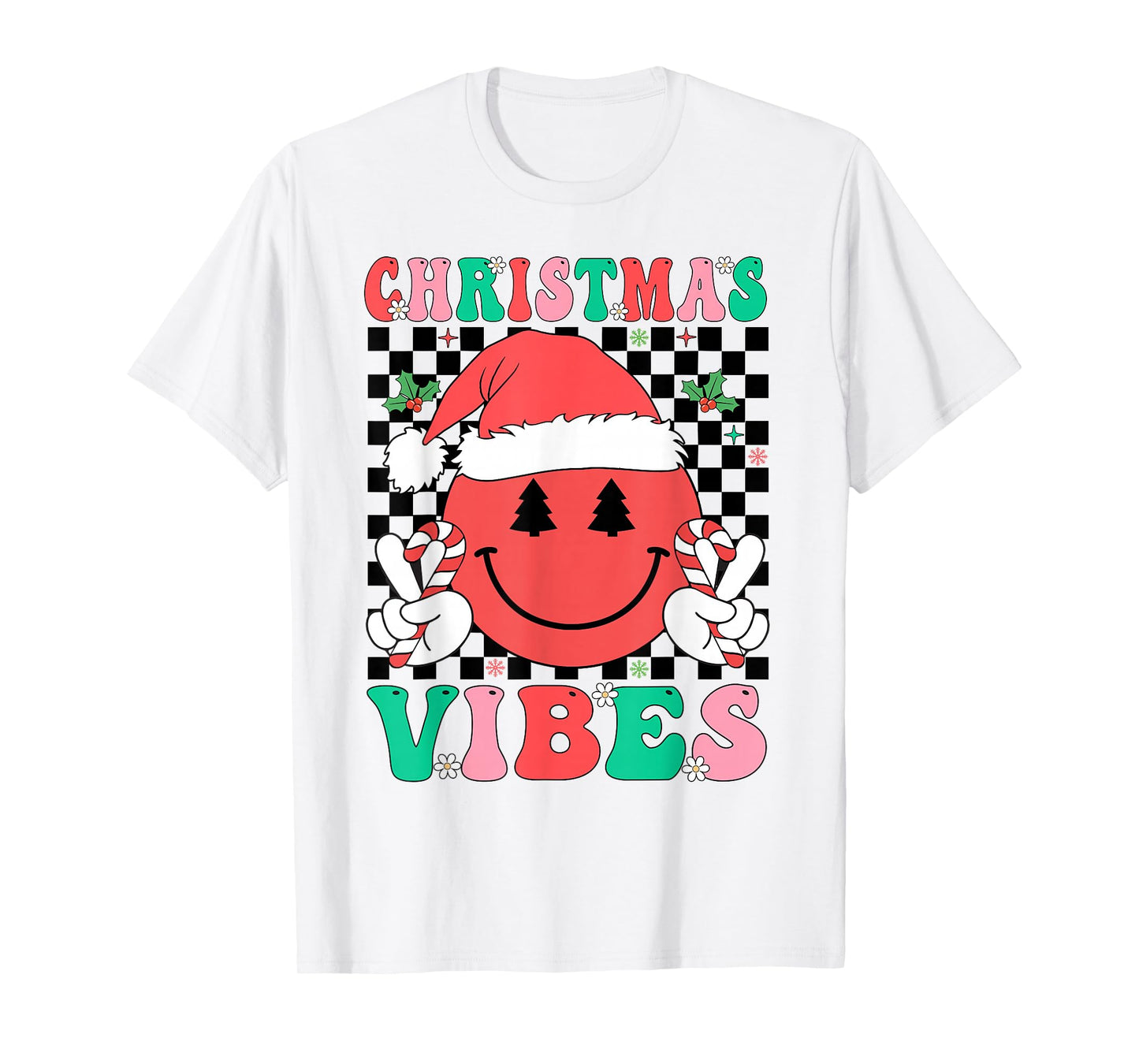 Groovy Christmas Vibes Smile Face Santa Hat Xmas Girls Women T-Shirt