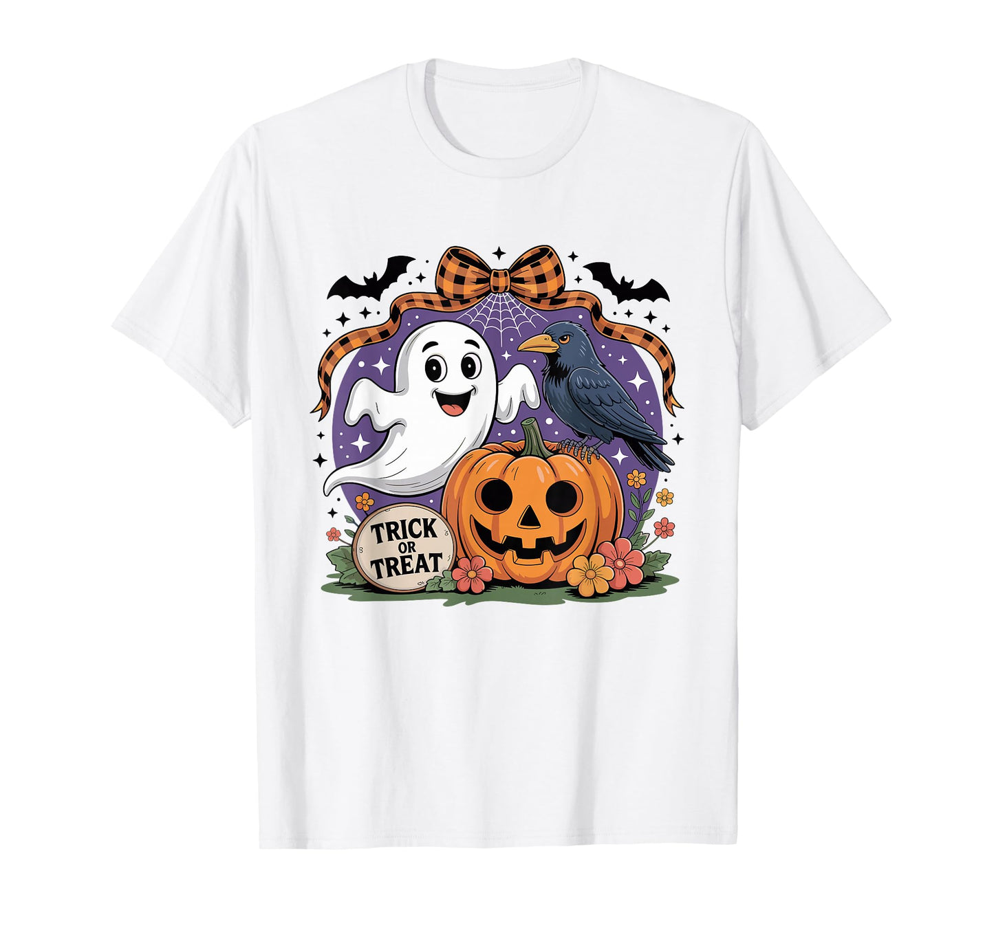 Coquette Floral Ghost Halloween Crow Spooky Trick Or Treat T-Shirt
