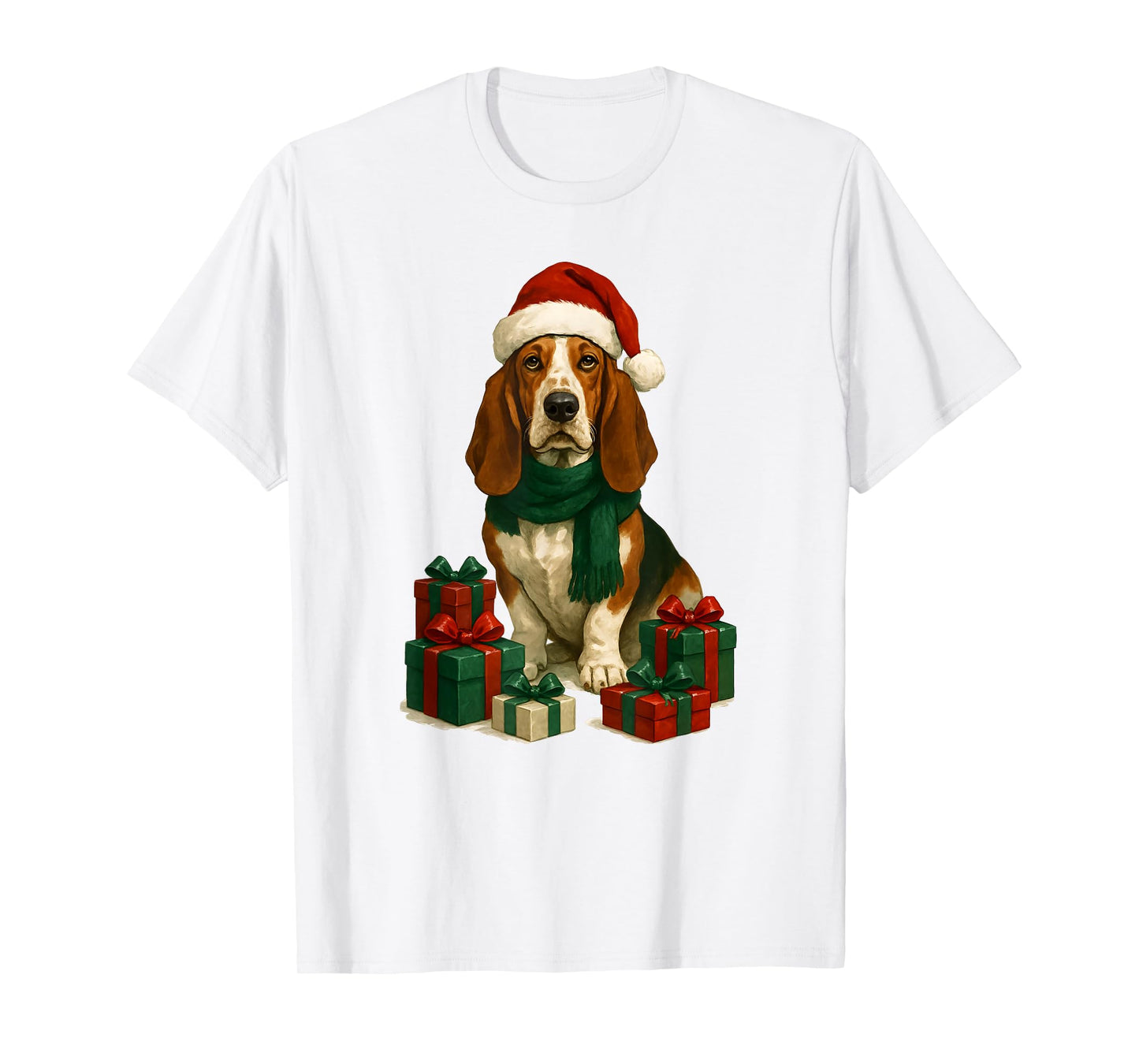 Christmas Basset Hound with Santa Claus hat, Cute T-Shirt