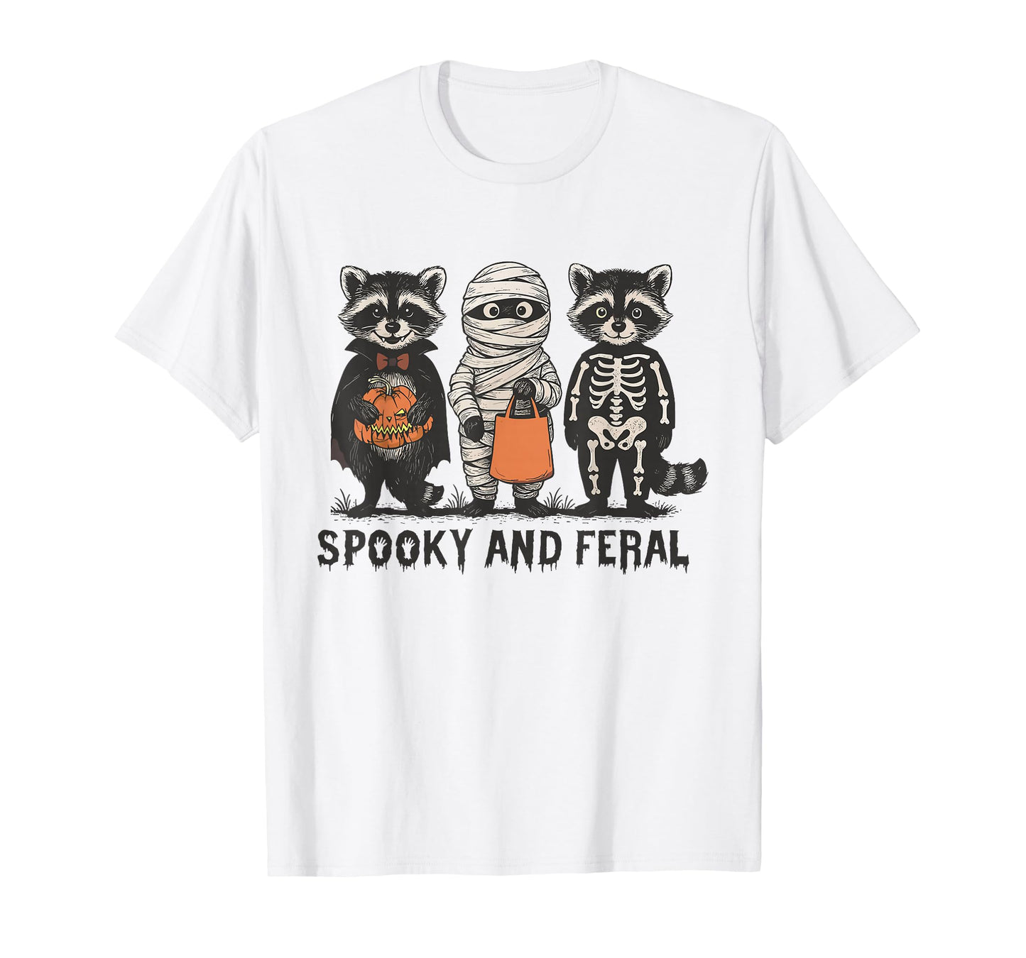 Spooky and Feral Raccoon Halloween Raccoon Ghost Trash Panda T-Shirt