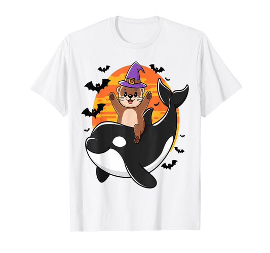 Spooky Sea Adventure Witchy Otter Riding Orca Halloween Kids T-Shirt