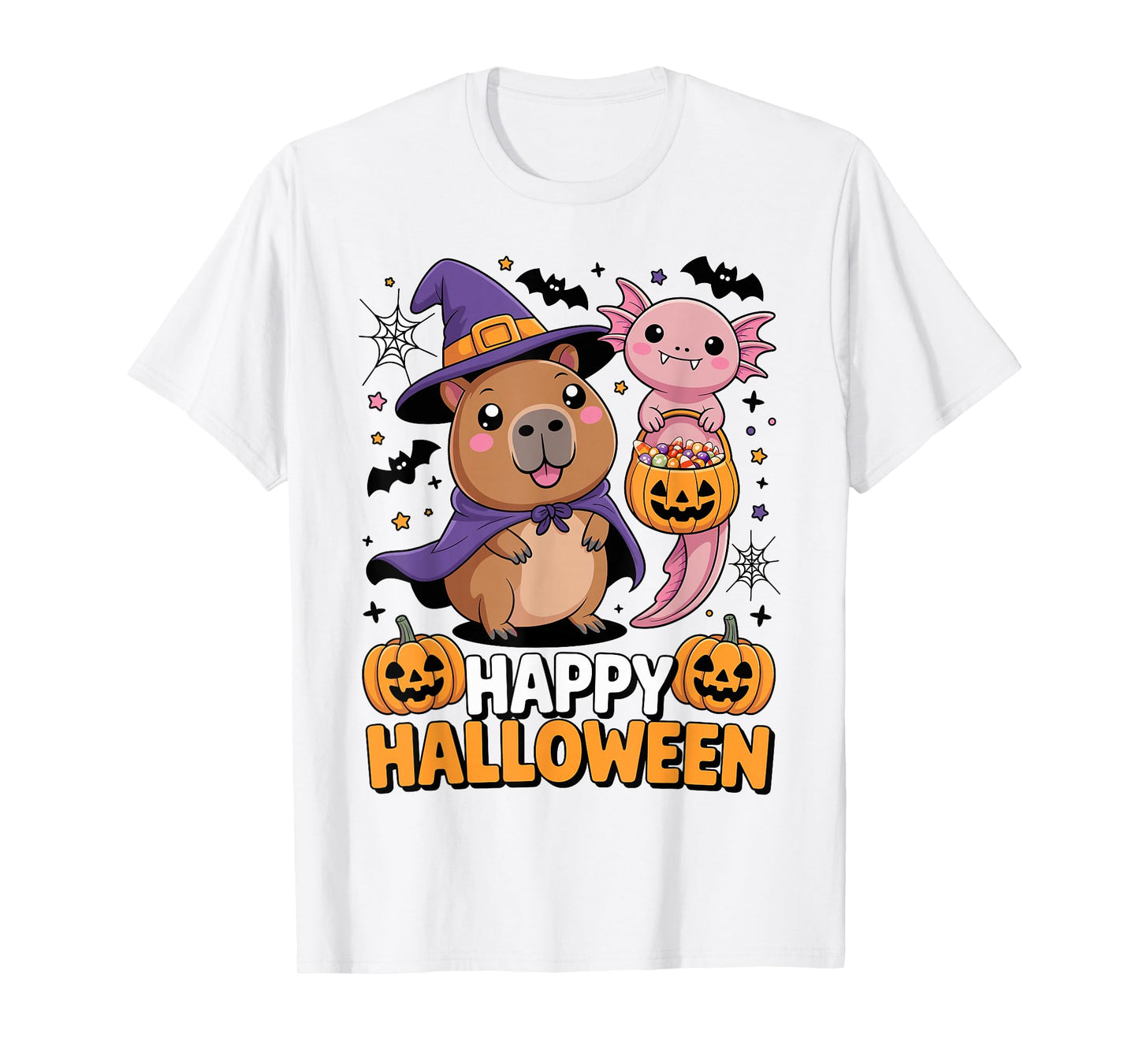Cute Capybara and Axolotl Happy Halloween Kids T-Shirt
