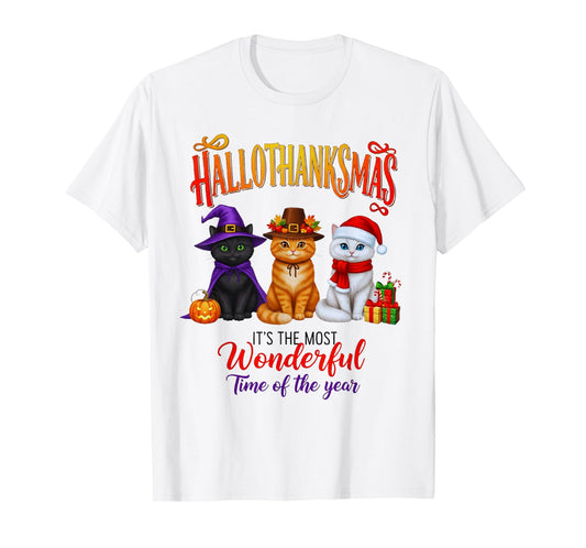 Halloween Thanksgiving Christmas Happy HalloThanksMas Cats T-Shirt