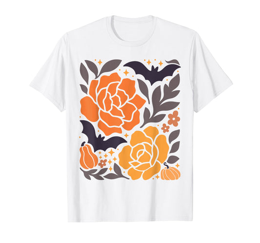 Halloween Floral Pumpkin Bat Retro Fall Autumn Graphic Top T-Shirt