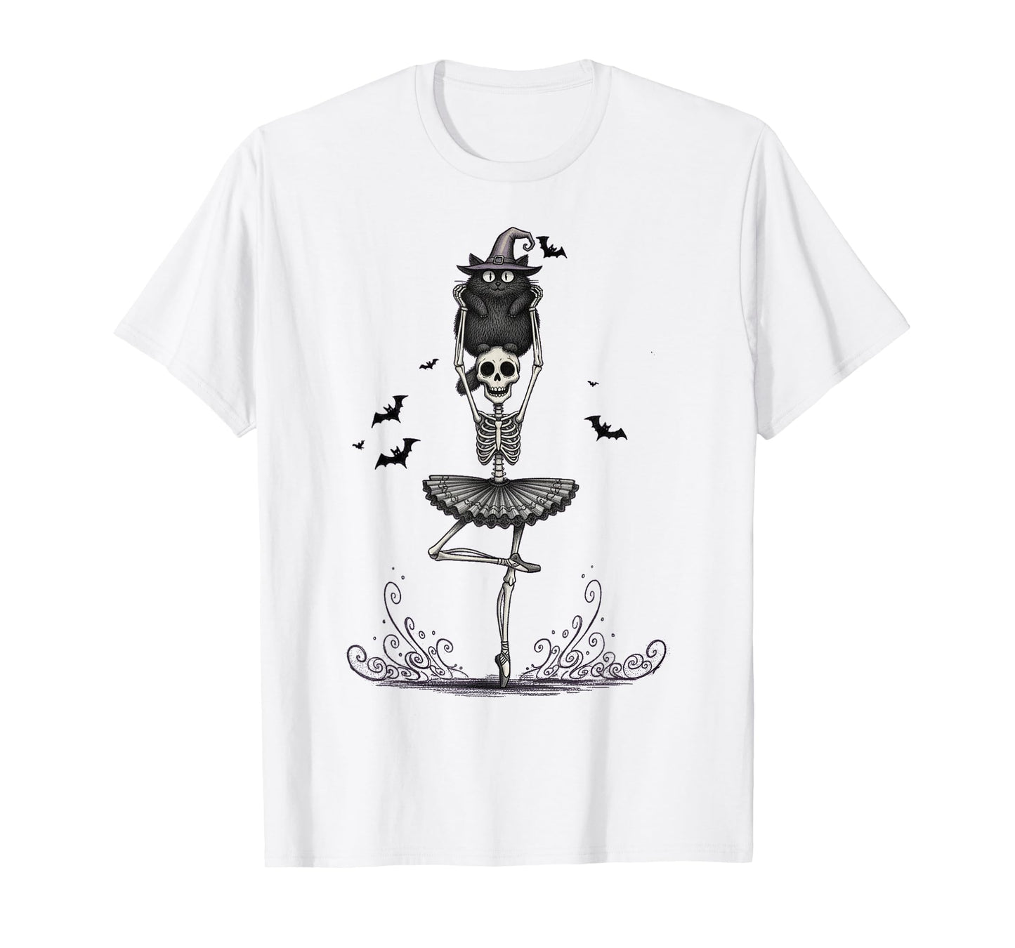 Skeleton Ballerina with Black Cat Halloween Design Fun T-Shirt