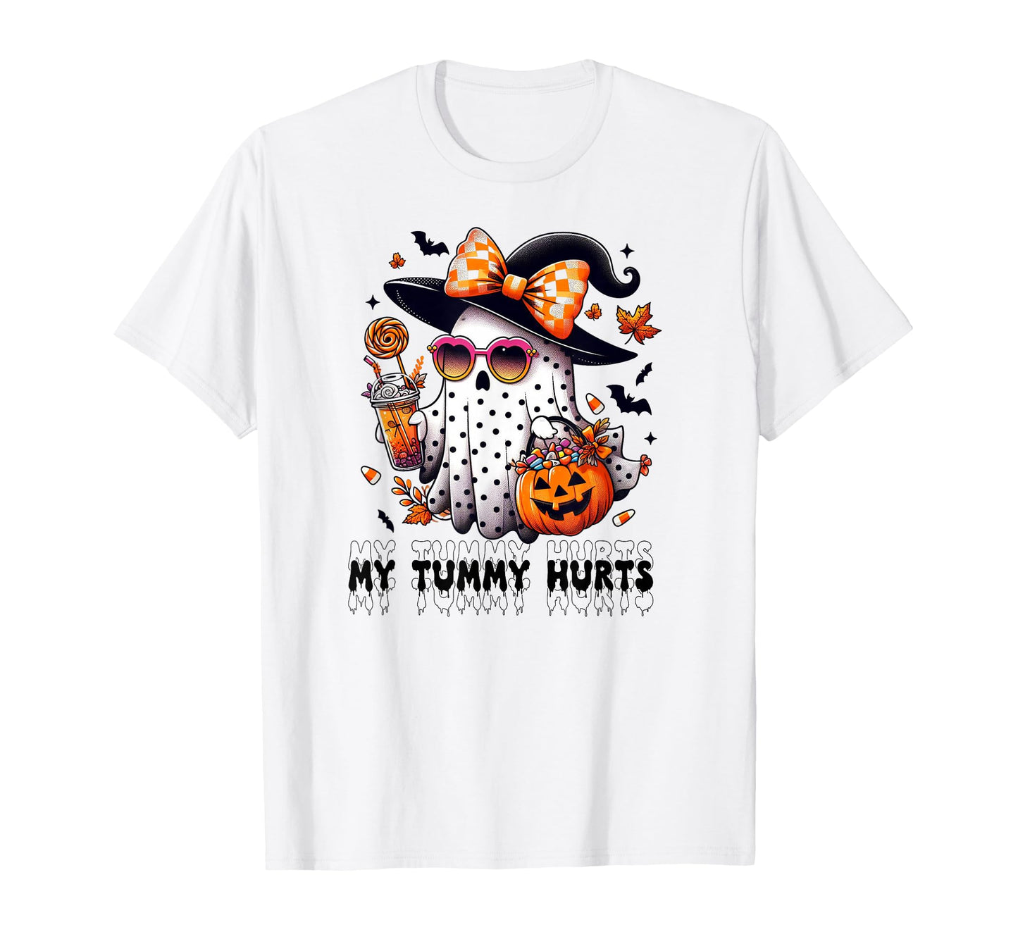 Funny My Tummy Hurts Cute Pink Ghost Boujee Halloween Coffee T-Shirt