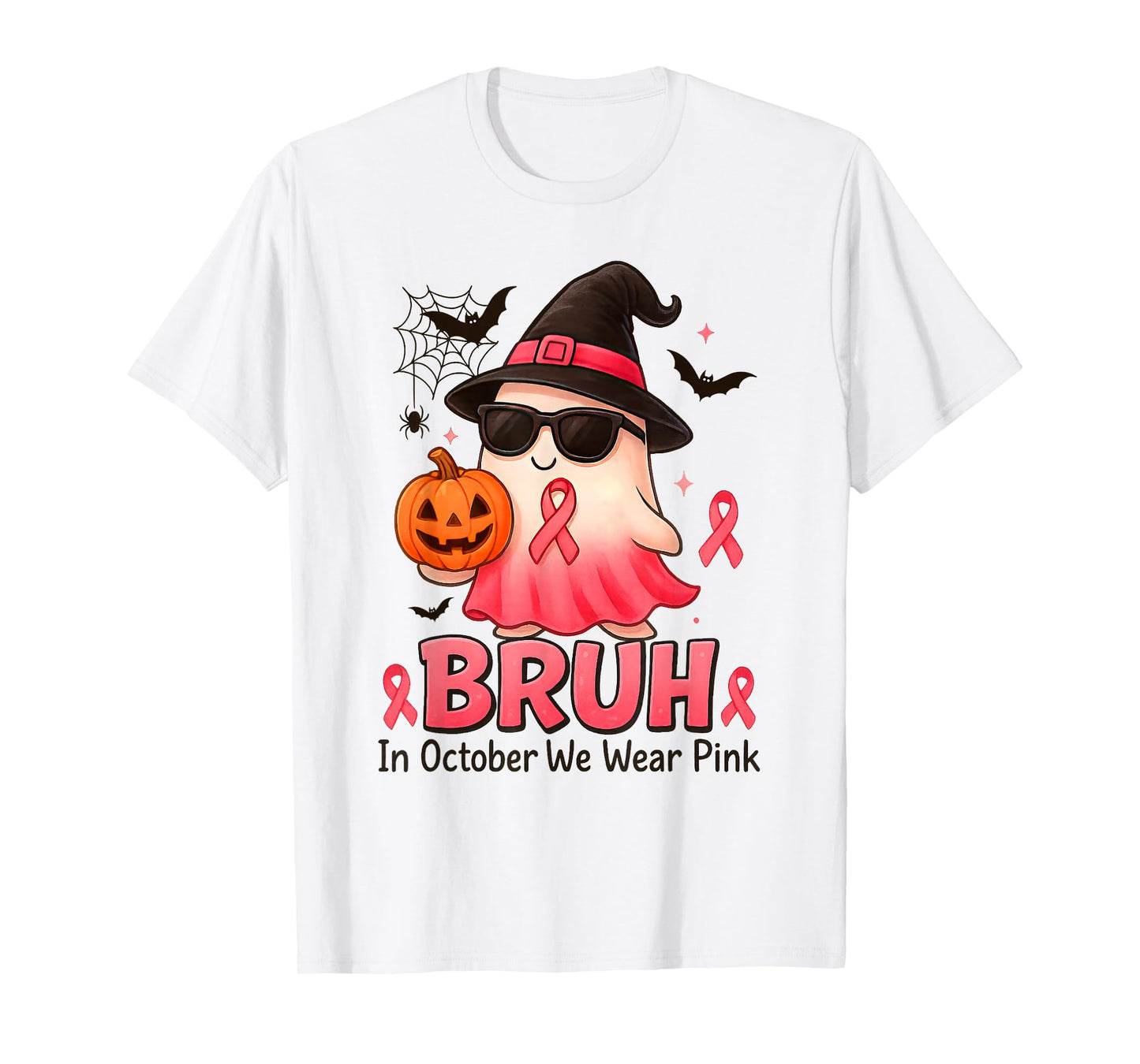 Bruh in October We Wear Pink Boo Witch Pumpkin Breast Cancer T-Shirt