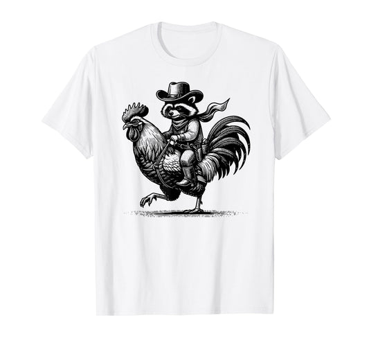 Funny Raccoon With Cowboy Hat & Boots Riding Rooster Vintage T-Shirt