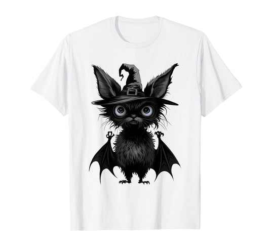Cute Bat Wearing Witch Hat Trying to Be Scary Halloween Bat T-Shirt