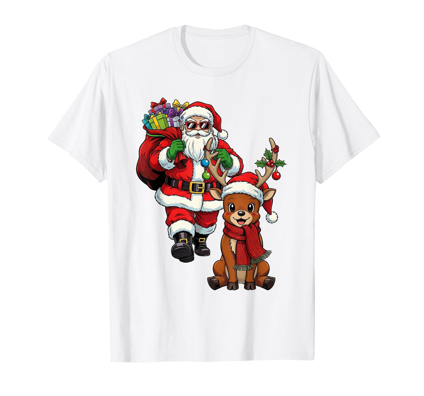 Santa Claus with Reindeer and Gifts Cool Christmas T-Shirt