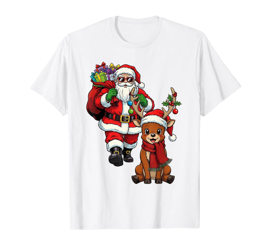 Santa Claus with Reindeer and Gifts Cool Christmas T-Shirt
