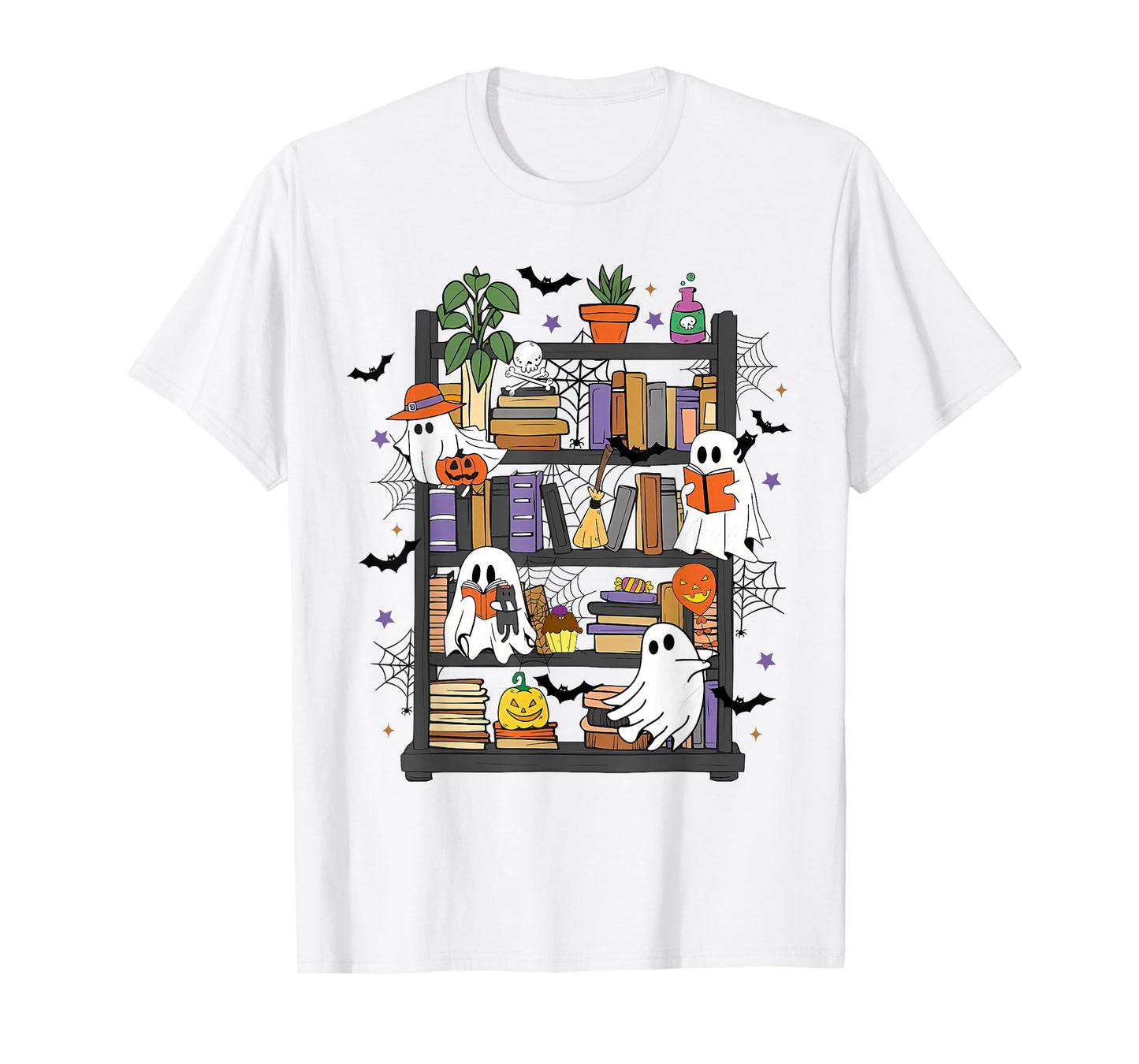 Ghost Library Reading Books Halloween Men Women Kids T-Shirt