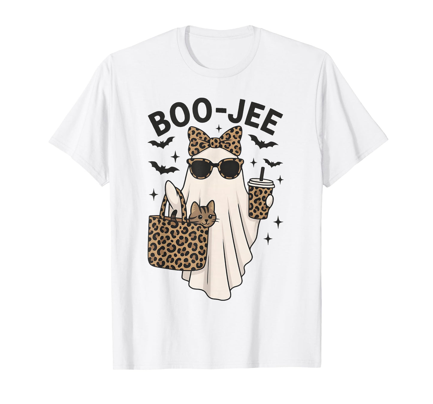 Coquette Leopard Cute Cat Ghost Coffee Boo-JEE Halloween T-Shirt