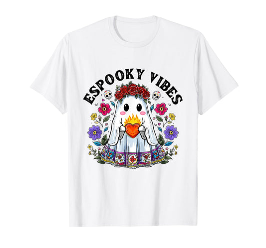 Espooky Vibes Halloween Floral Ghost Spanish Mexican Teacher T-Shirt