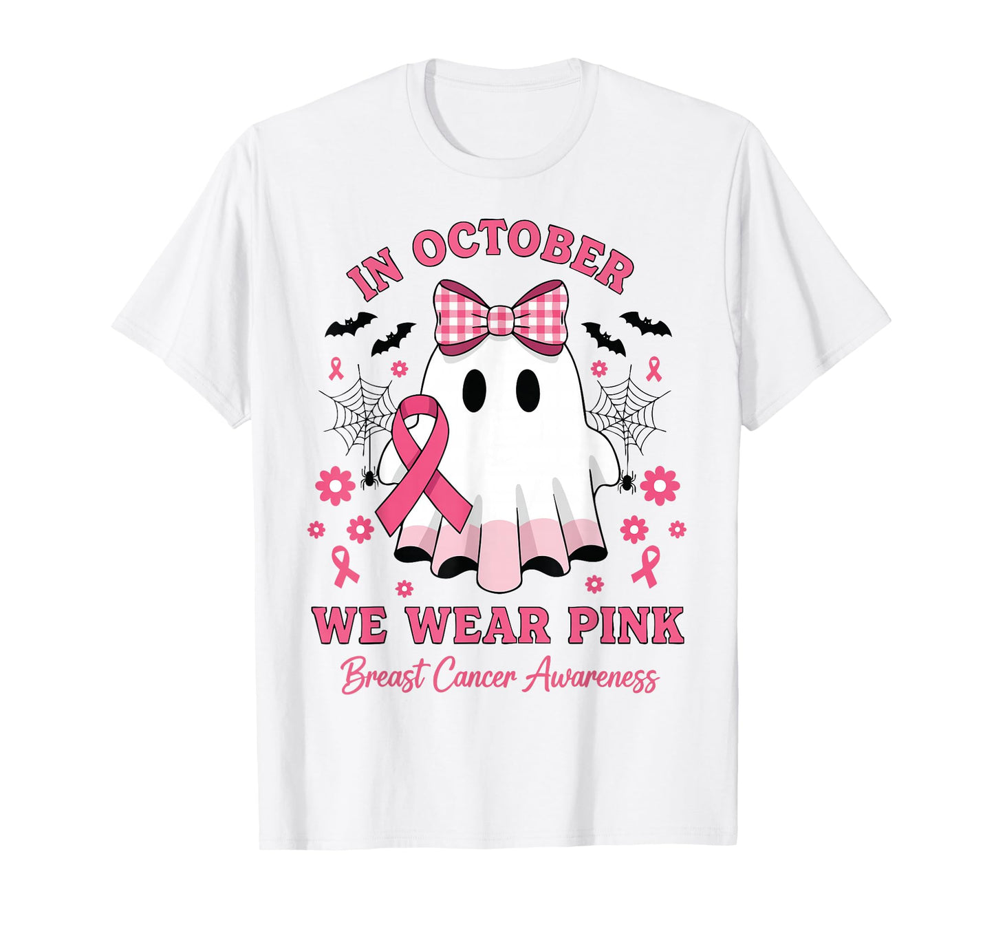 in October We Wear Pink Ghost Witch Breast Cancer Awareness T-Shirt