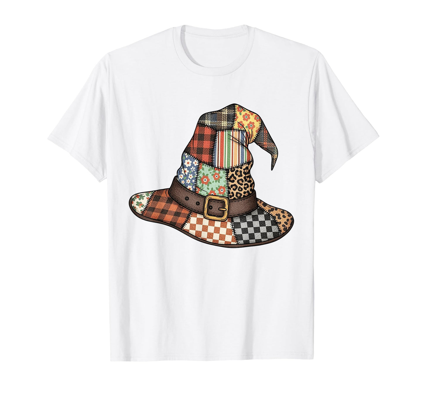 Halloween Witch Hat Patchwork Floral Spooky Season Autumn T-Shirt