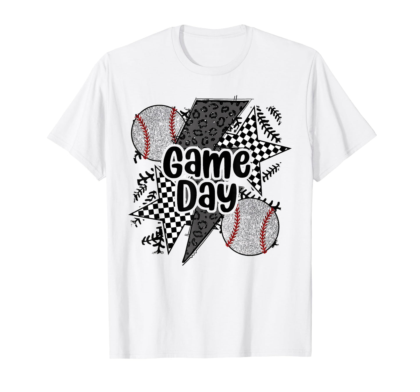 Retro Baseball Game Day Checkered Leopard Baseball Mama Mom T-Shirt