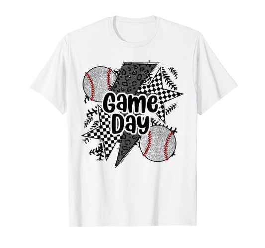Retro Baseball Game Day Checkered Leopard Baseball Mama Mom T-Shirt