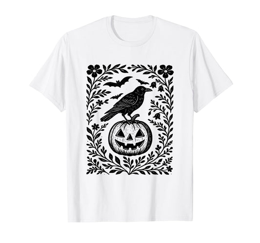 Floral Crow Halloween Boho Pumpkin Spooky Jack O Lantern T-Shirt