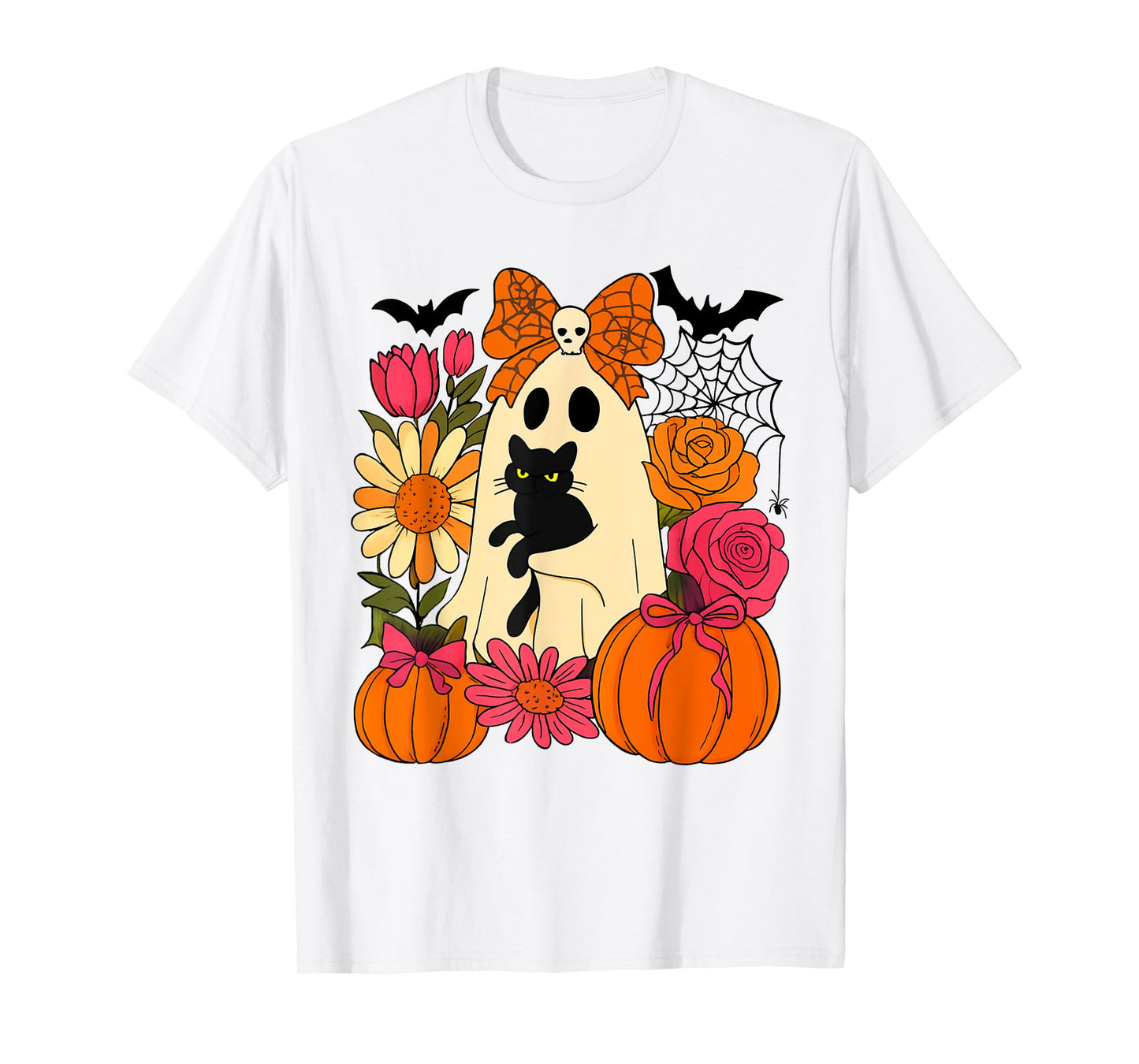 Vintage Halloween Ghost Holding Black Cat Groovy Floral T-Shirt