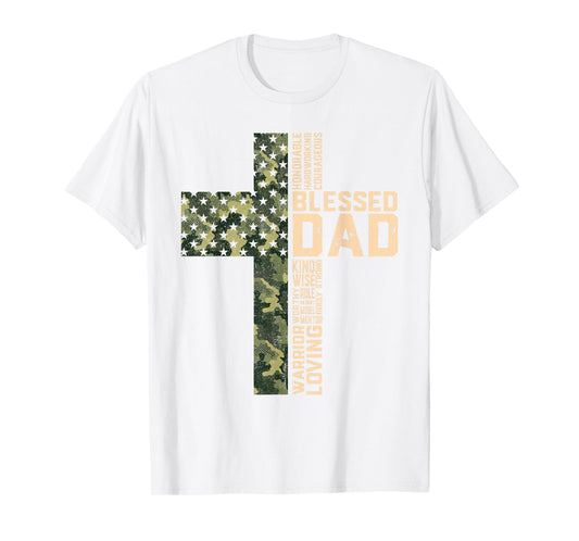 Christian Blessed Dad Camo Flag Cross Religious Father's Day T-Shirt