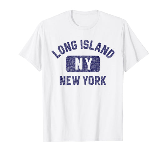 Long Island NY Gym Style Distressed Dark Blue Print T-Shirt