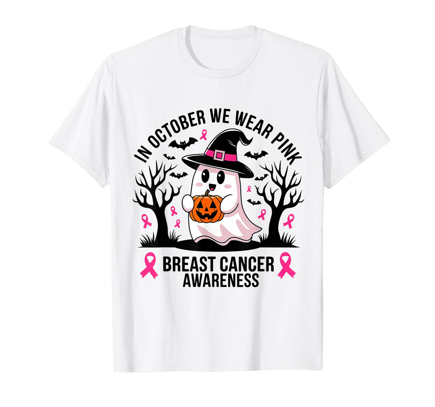 in October We Wear Pink Ghost Halloween Breast Cancer T-Shirt