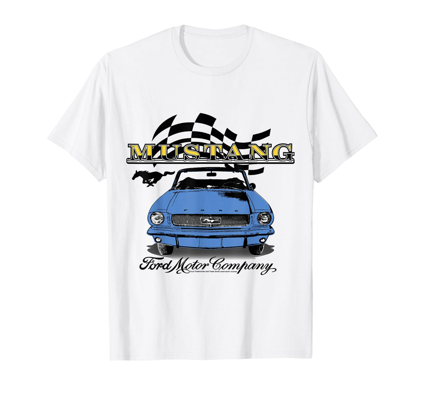 Ford - Vintage Blue Mustang Convertible Car Checkered Flag T-Shirt