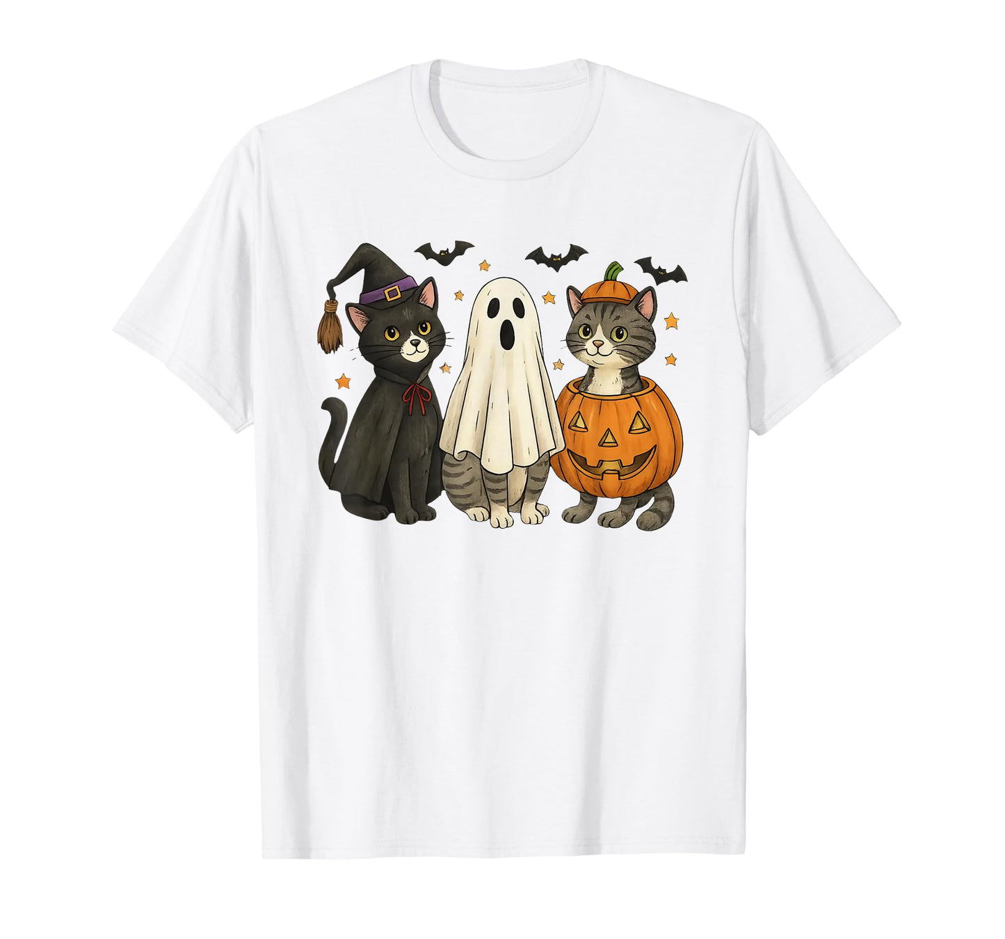 Retro Black Cat Witch Scary Halloween Pumpkin Women Men Kids T-Shirt