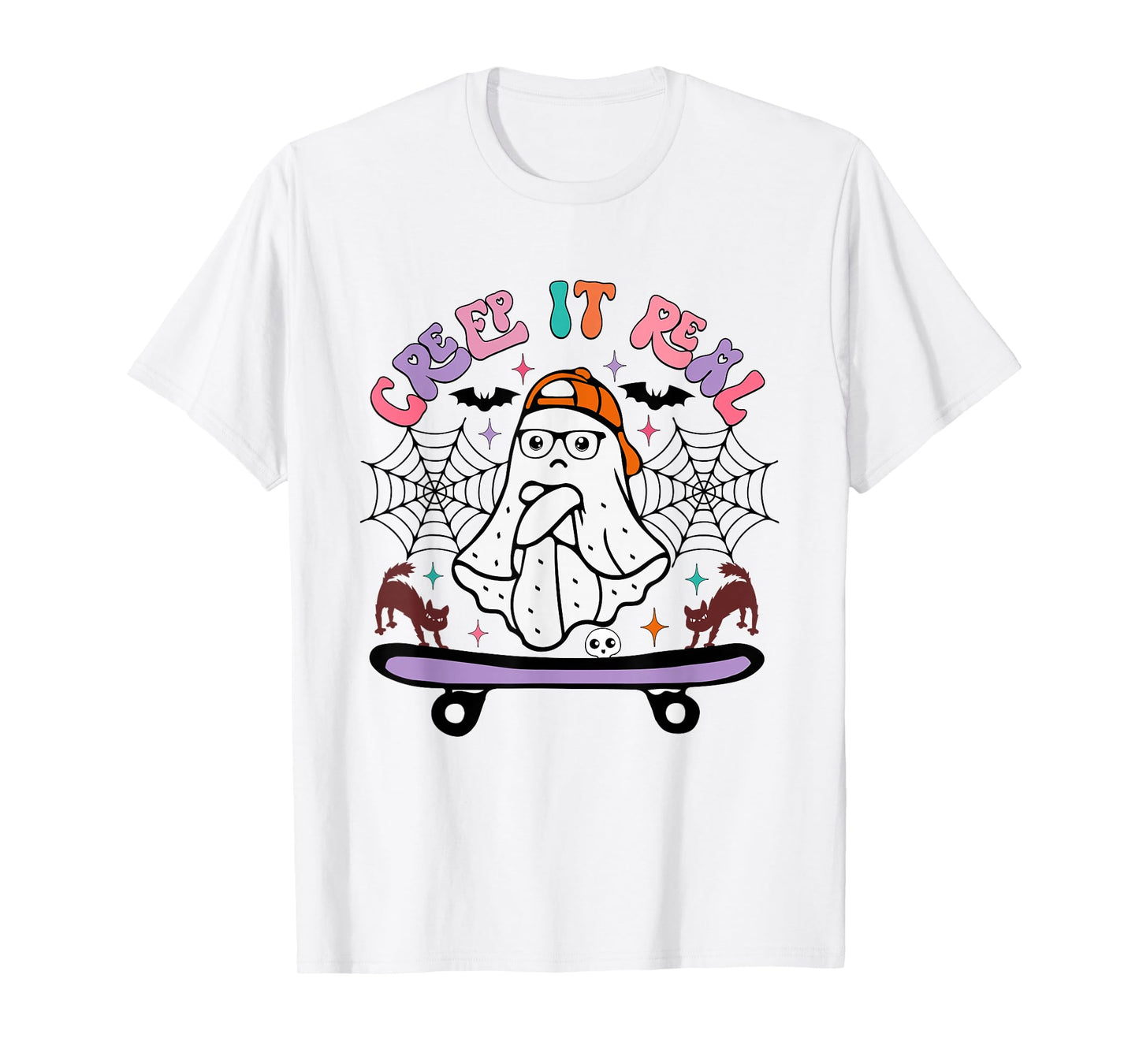 Halloween Ghost Creep It Real Skateboarding Retro Costume T-Shirt