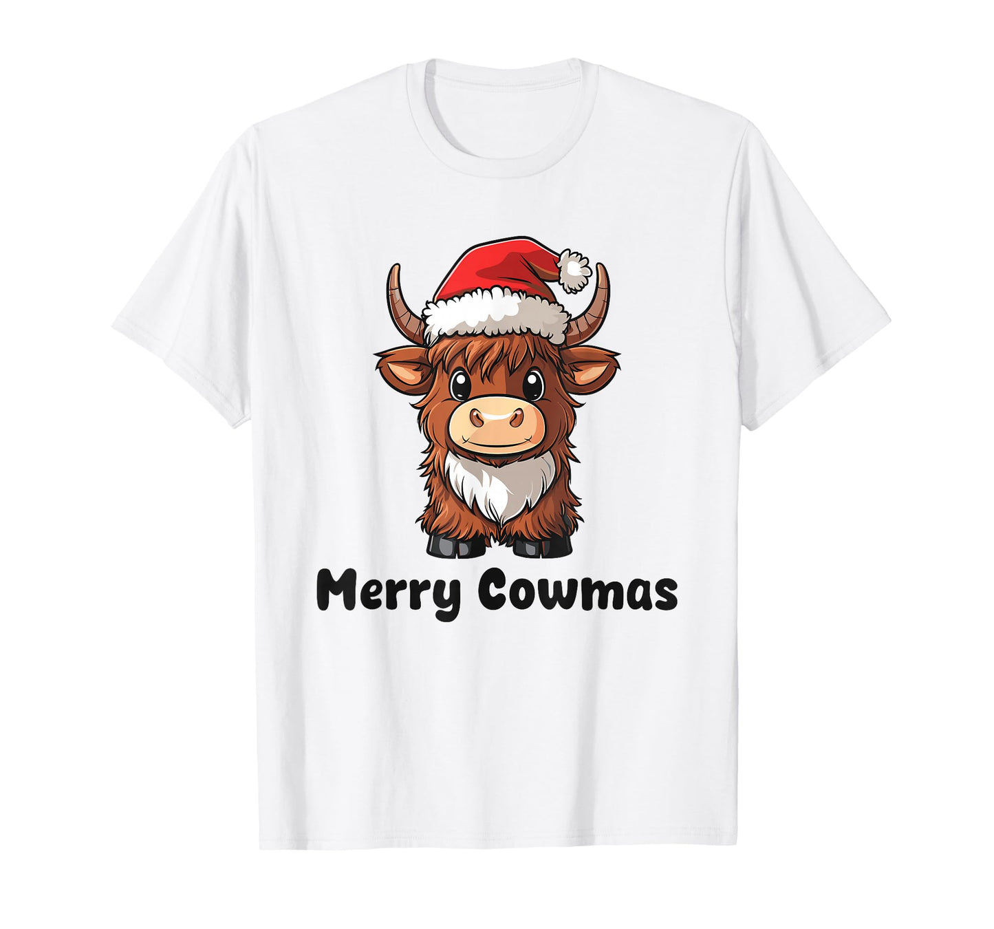 Merry Cowmas Pun Christmas Cute Highland Cow in Santa Hat T-Shirt