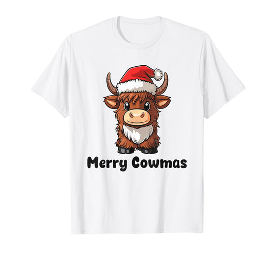Merry Cowmas Pun Christmas Cute Highland Cow in Santa Hat T-Shirt