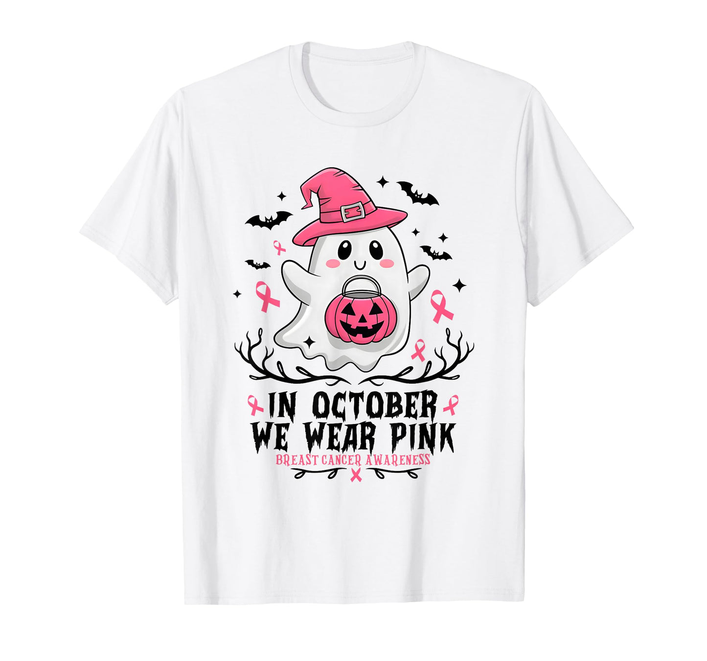 in October We Wear Pink Ghost Witch Breast Cancer Awareness T-Shirt