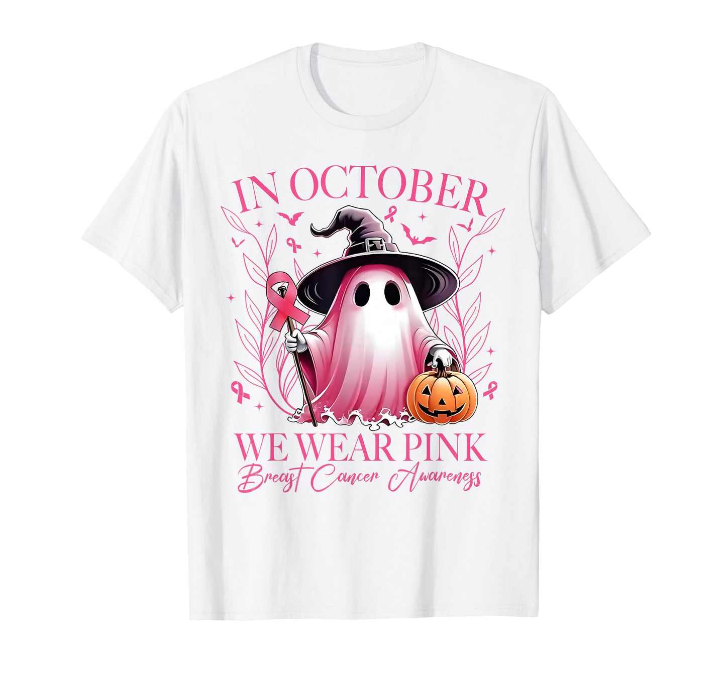 in October We Wear Pink Ghost Witch Breast Cancer Awareness T-Shirt