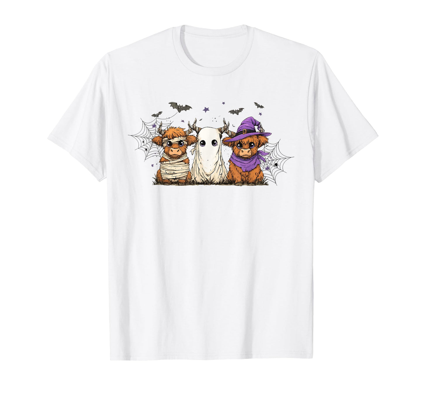 Halloween Highland Cow Trio Ghost Witch Mummy Bat Spider T-Shirt