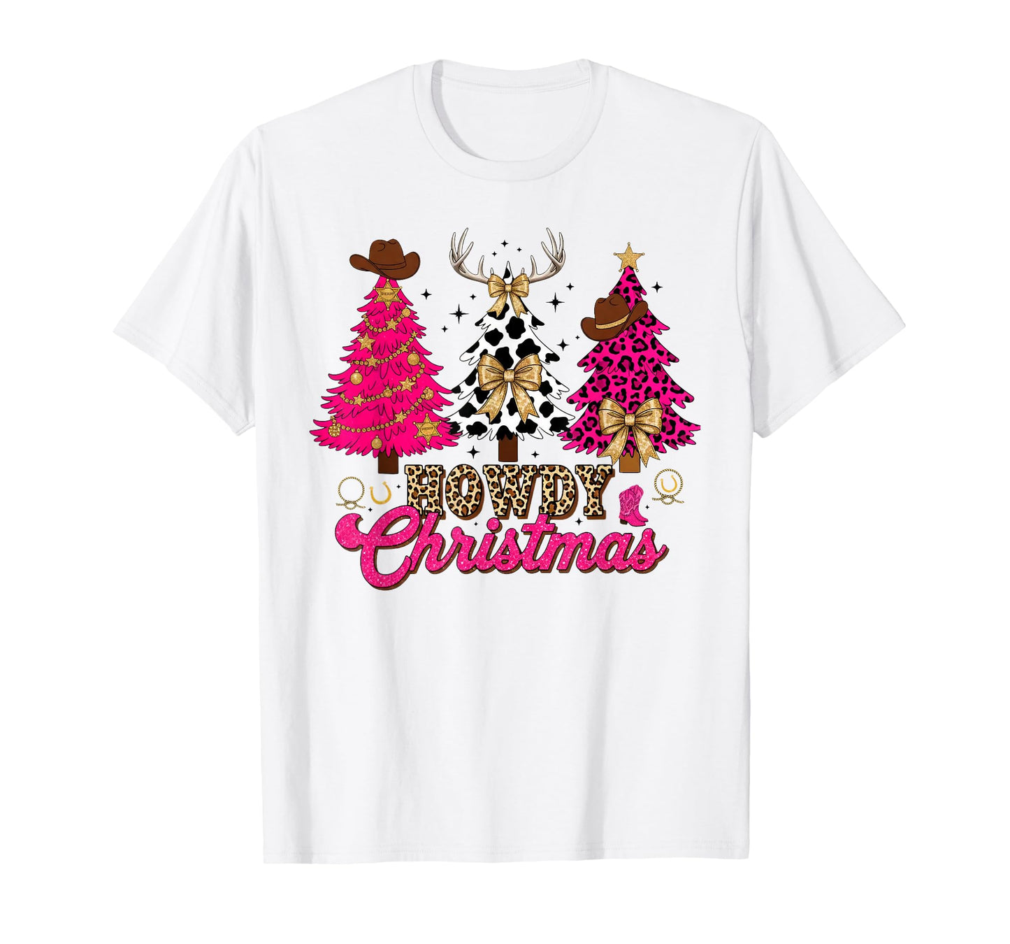 Howdy Christmas Pink Leopard Cow-Print Tree Coquette Cowgirl T-Shirt