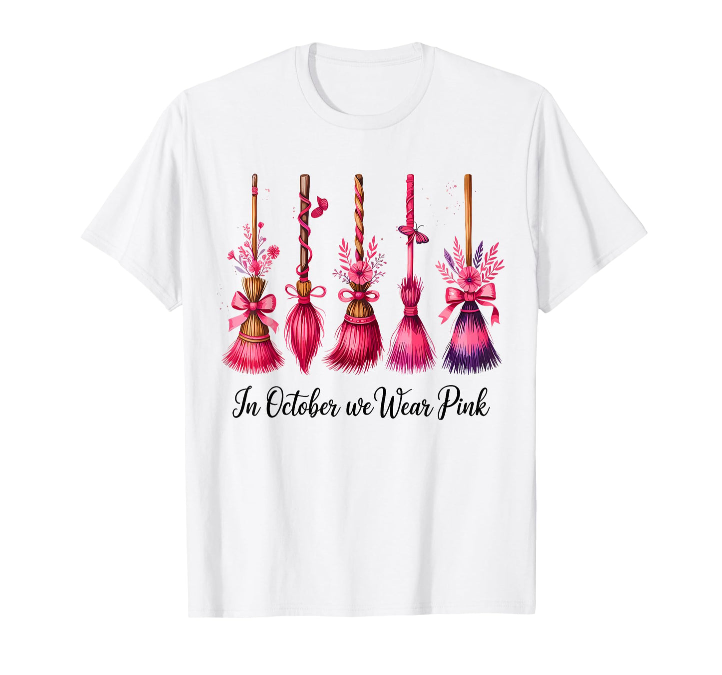 in October We Wear Pink Witch Brooms Halloween Breast Cancer T-Shirt