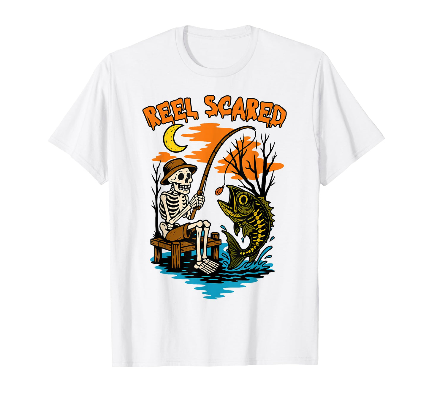 Vintage Reel Halloween Scared Fishing Skeleton Fisherman T-Shirt